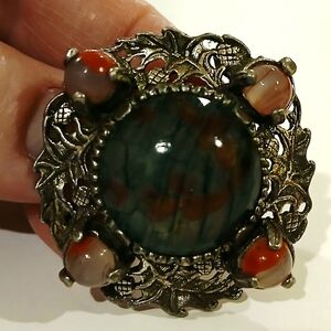 Vintage  Green and Red Stone Brooch Pendant